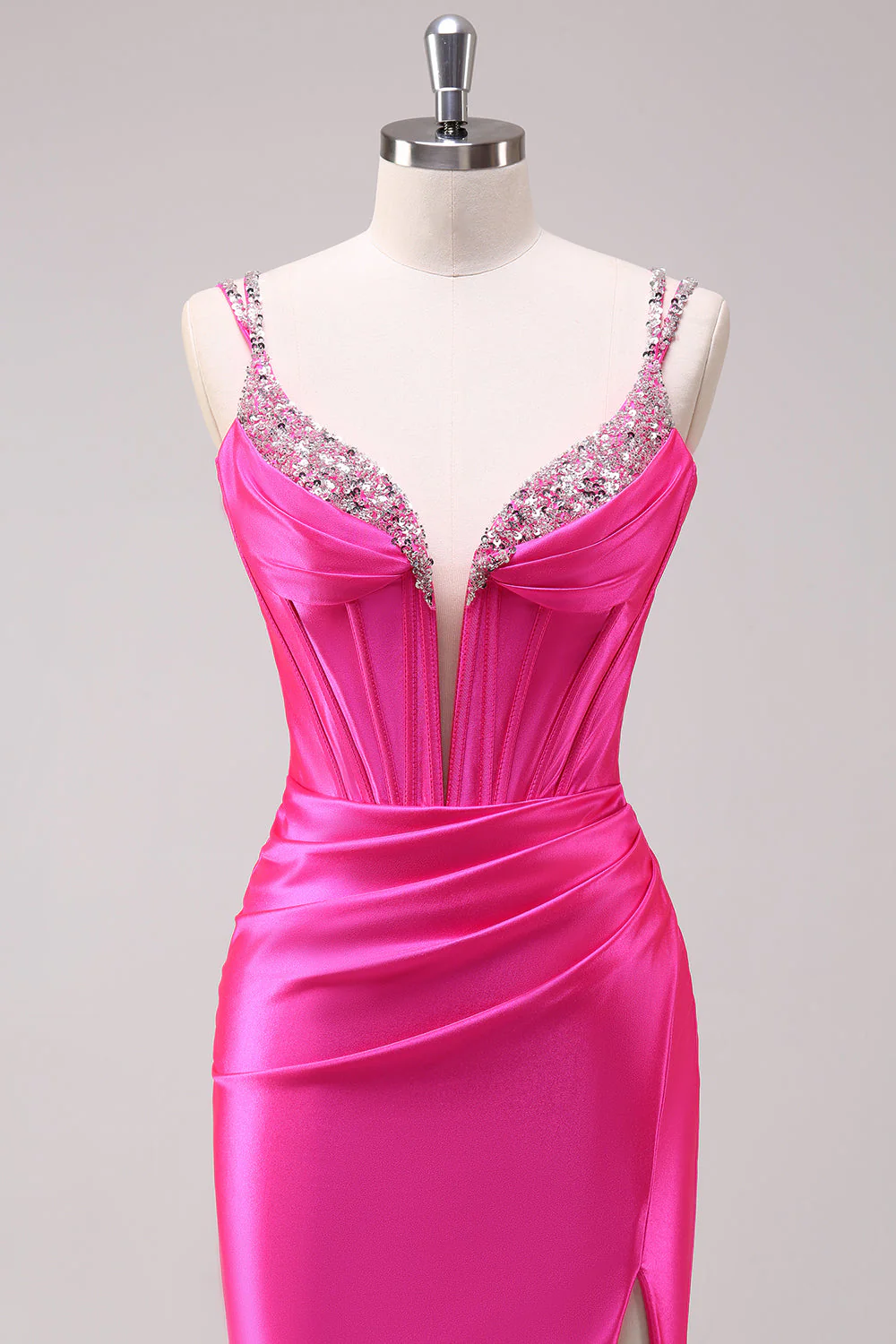 Fuchsia Mermaid Spaghetti Straps Corset Sequin Prom Dress with Slit - Image 4