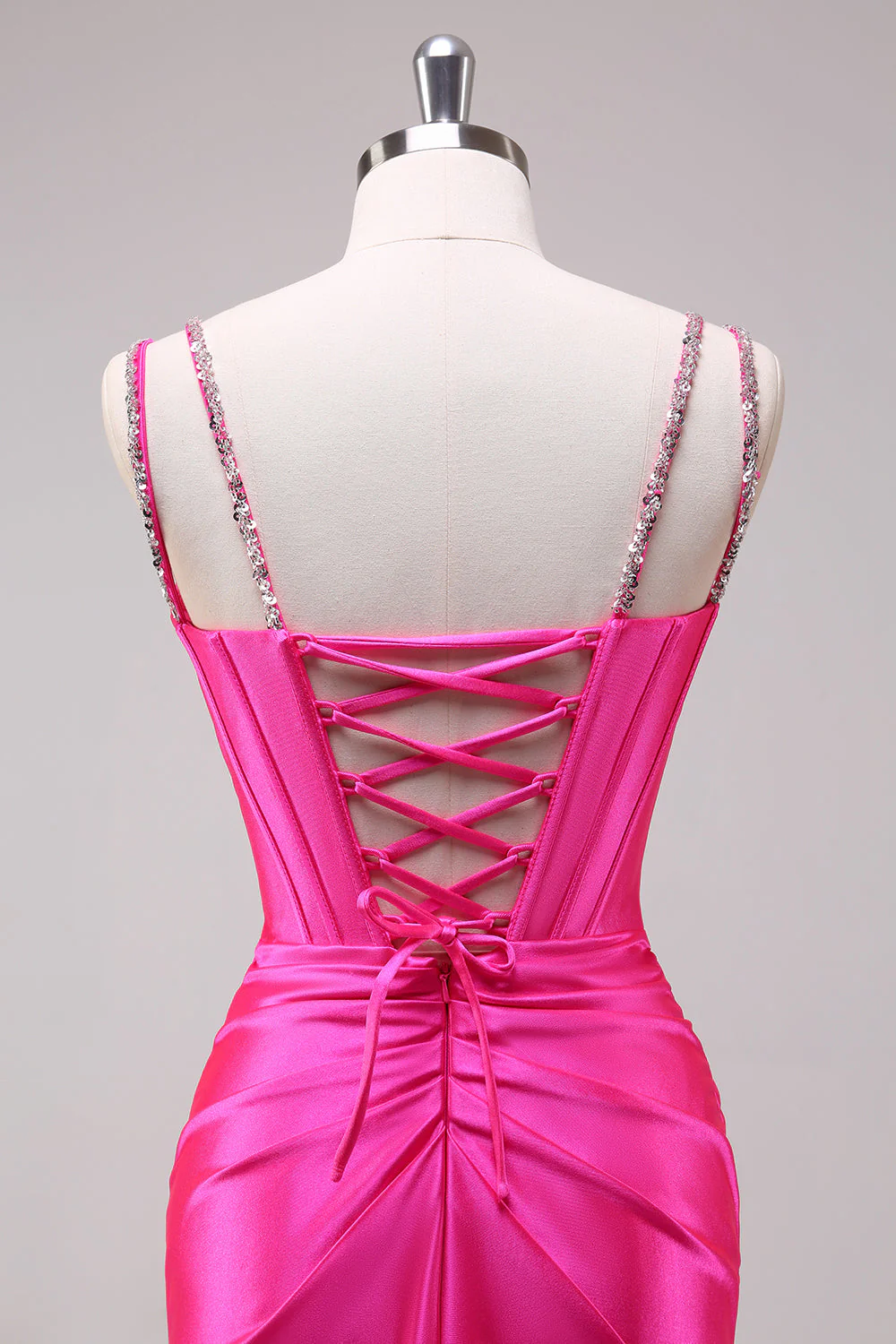 Fuchsia Mermaid Spaghetti Straps Corset Sequin Prom Dress with Slit - Image 5