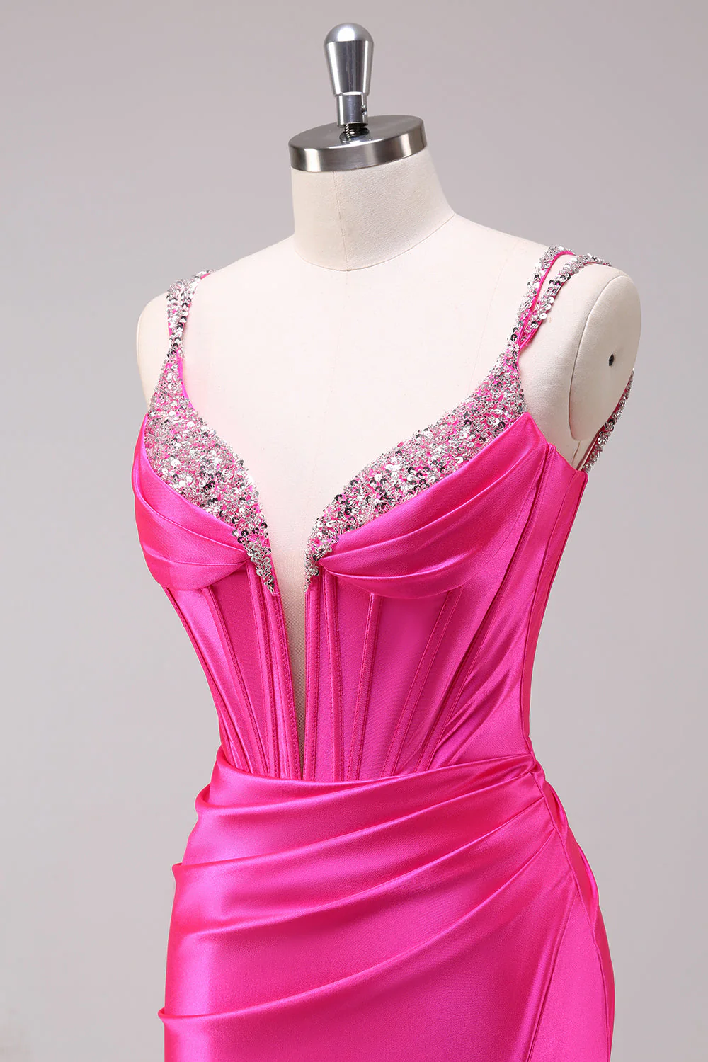 Fuchsia Mermaid Spaghetti Straps Corset Sequin Prom Dress with Slit - Image 6