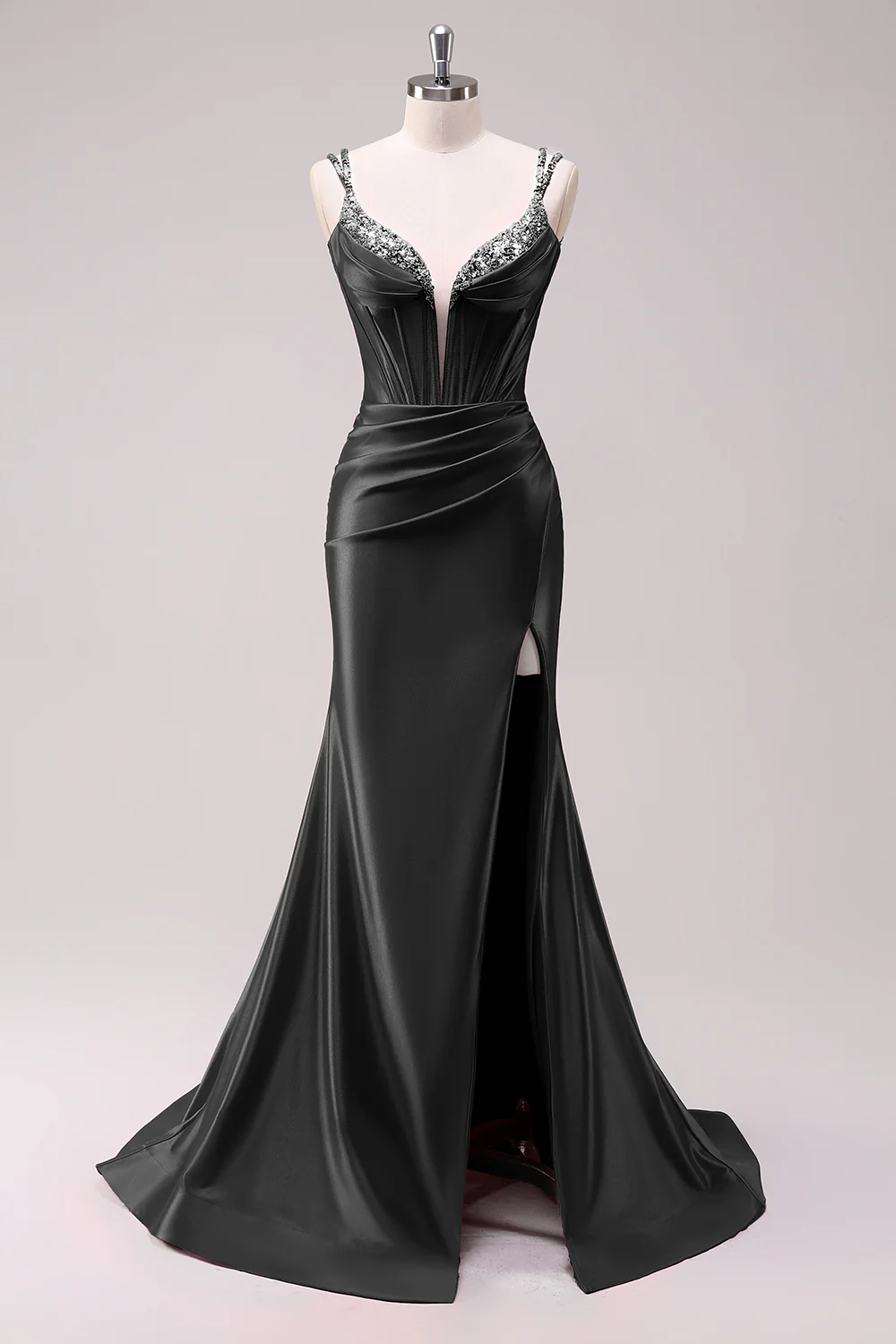 Fuchsia Mermaid Spaghetti Straps Corset Sequin Prom Dress with Slit - Image 7