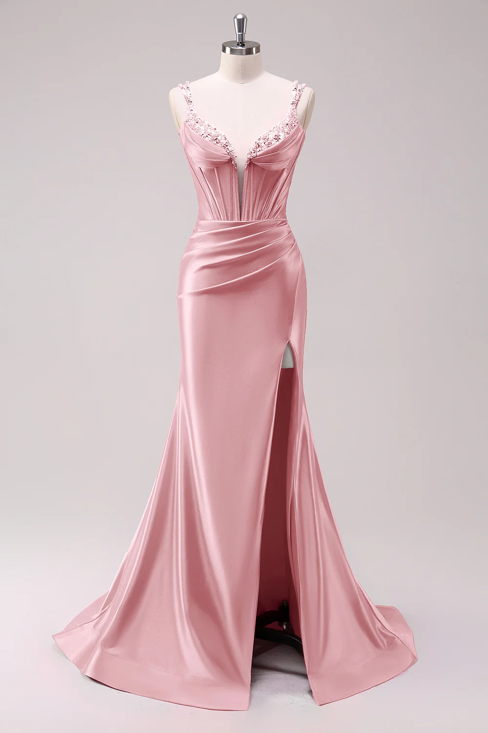 Fuchsia Mermaid Spaghetti Straps Corset Sequin Prom Dress with Slit - Image 9