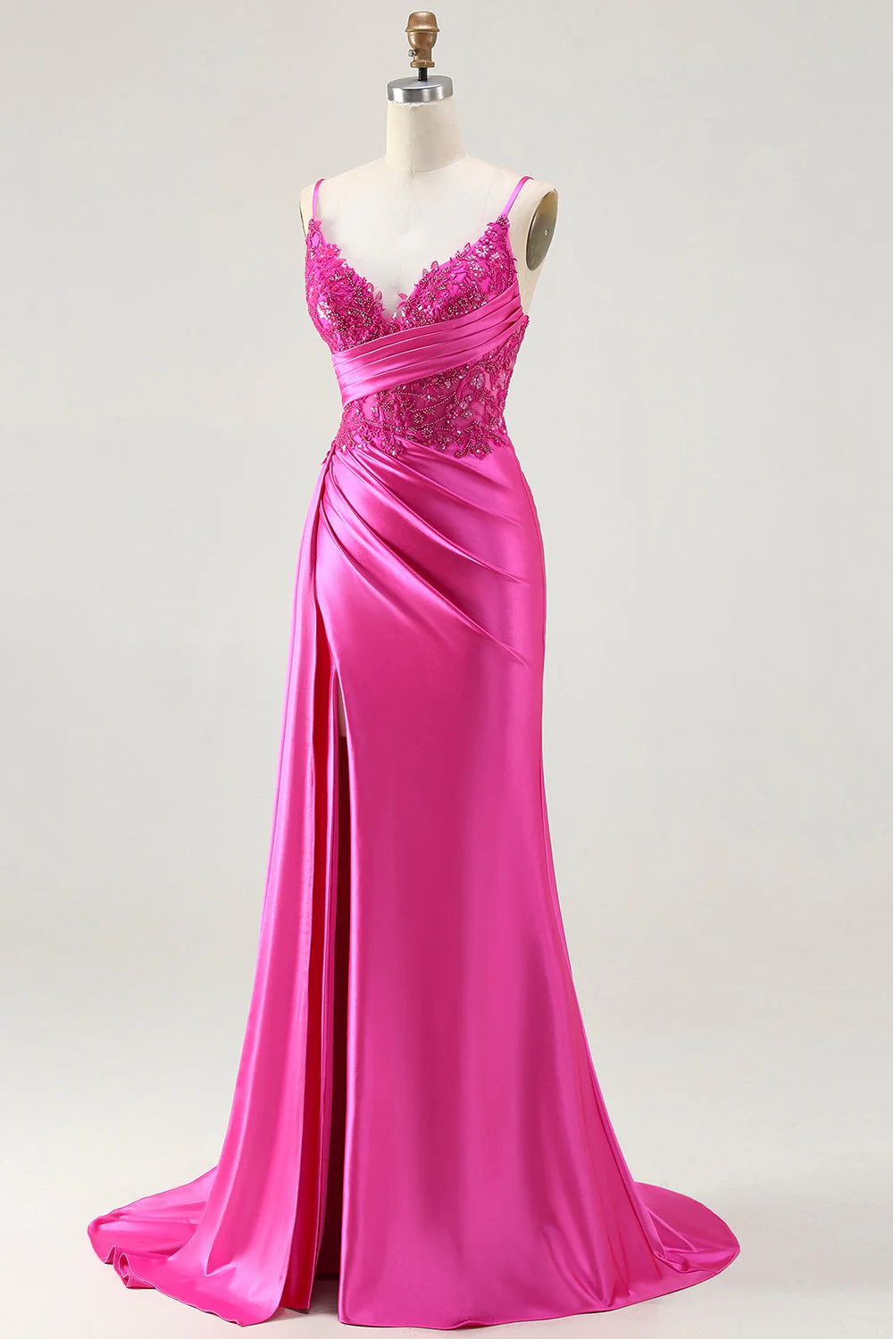 Fuchsia Mermaid Streamer Beaded Ruched Long Prom Dress with Slit - Image 3