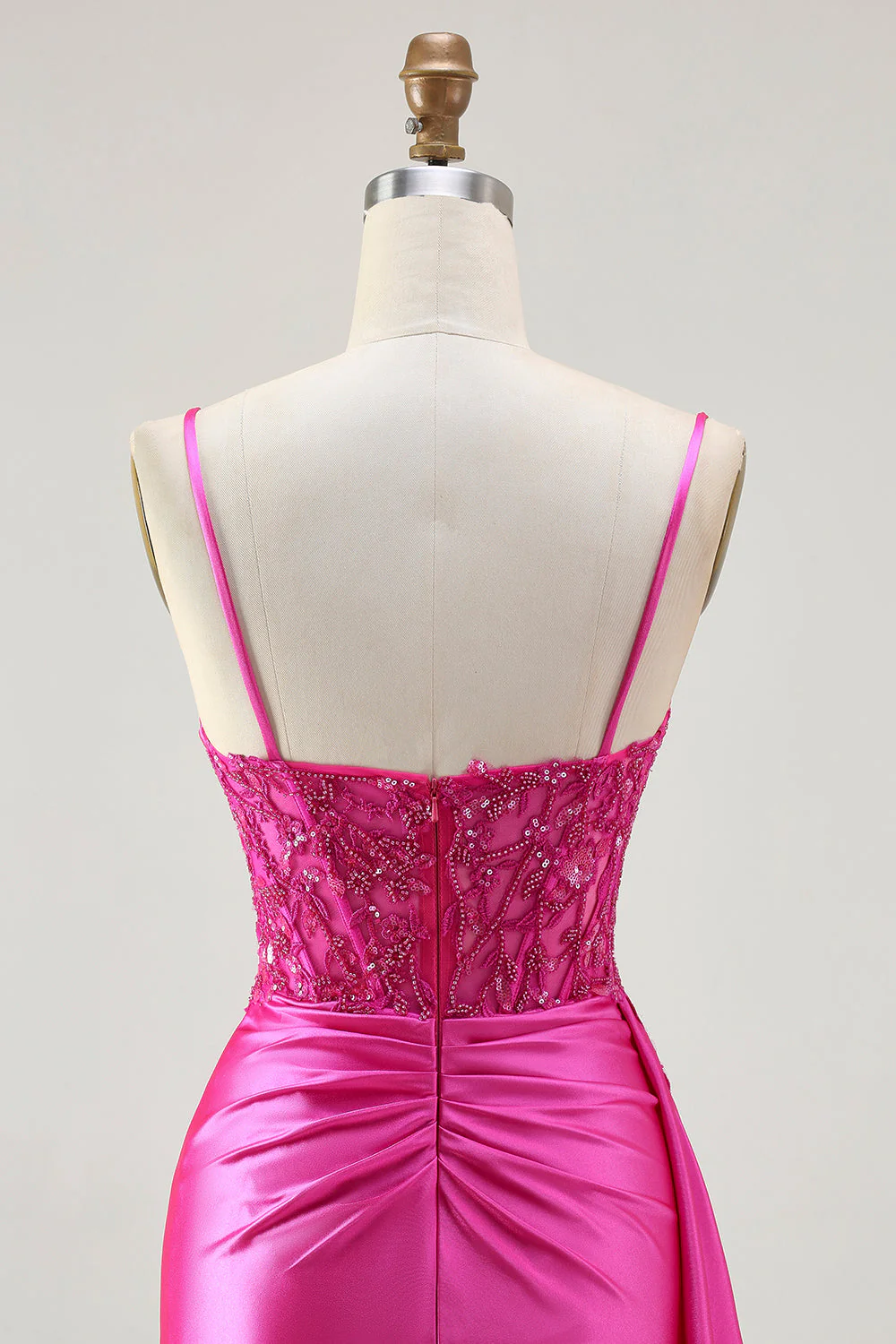 Fuchsia Mermaid Streamer Beaded Ruched Long Prom Dress with Slit - Image 5