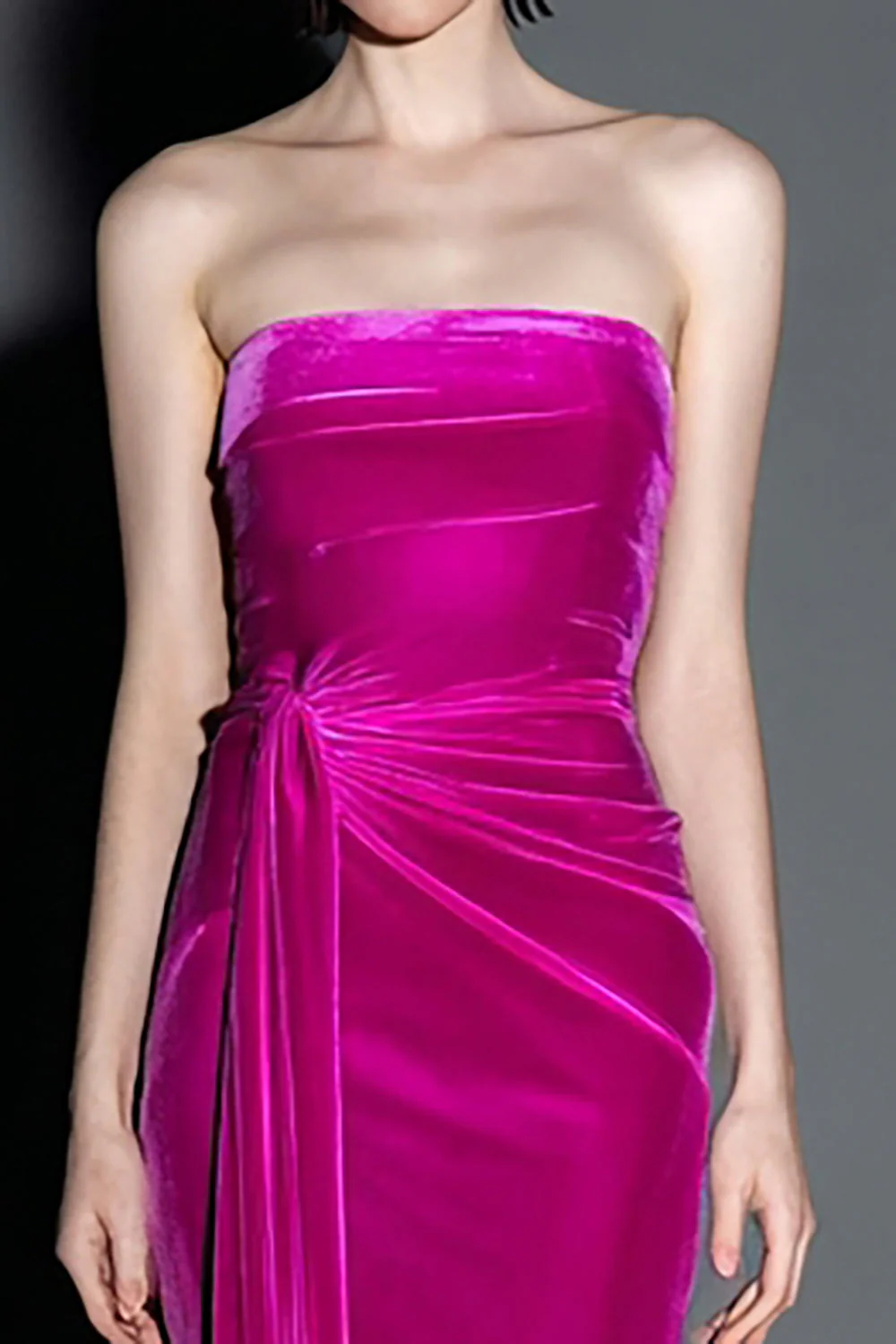 Fuchsia Mermaid Velvet Strapless Formal Dress with Sash - Image 2