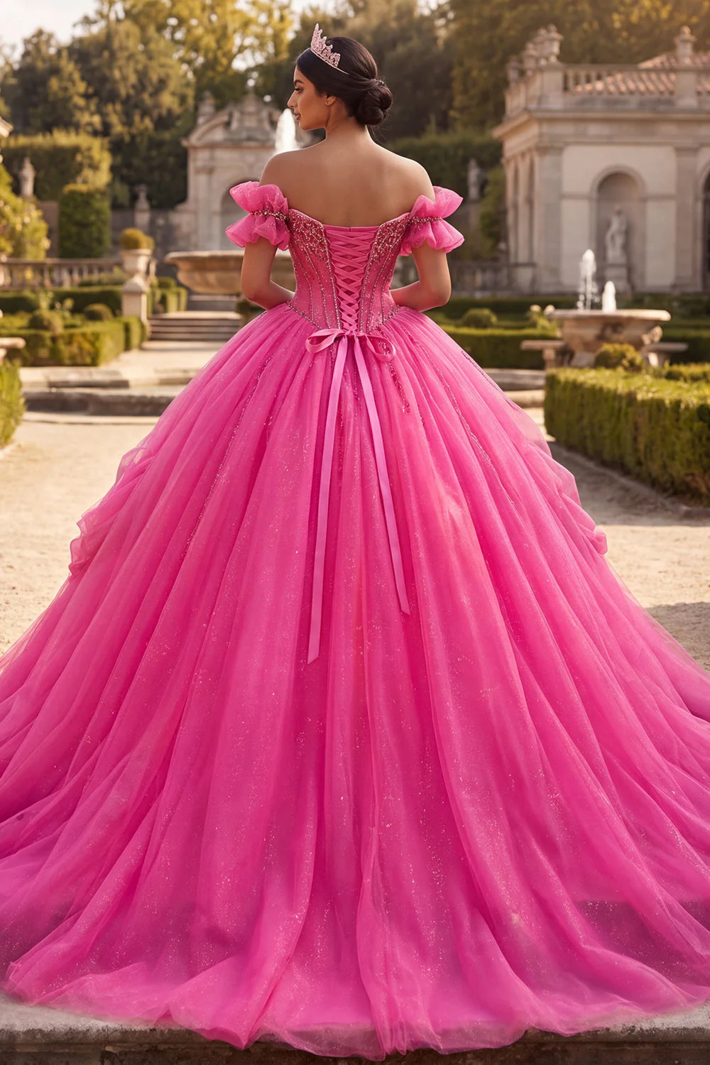 Fuchsia Off the Shoulder Beaded Corset Ball Gown Quinceanera Dress - Image 2