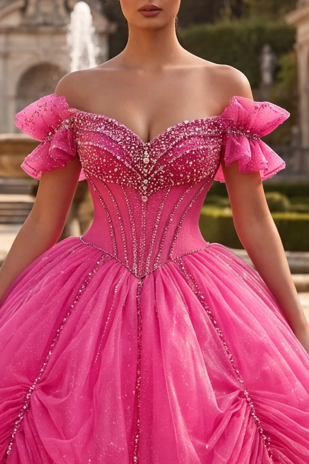 Fuchsia Off the Shoulder Beaded Corset Ball Gown Quinceanera Dress - Image 3