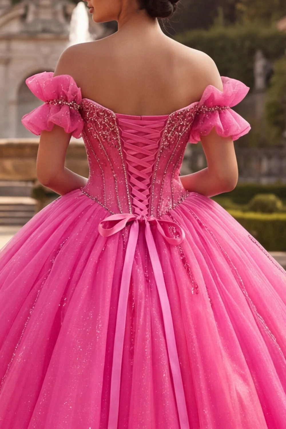 Fuchsia Off the Shoulder Beaded Corset Ball Gown Quinceanera Dress - Image 4
