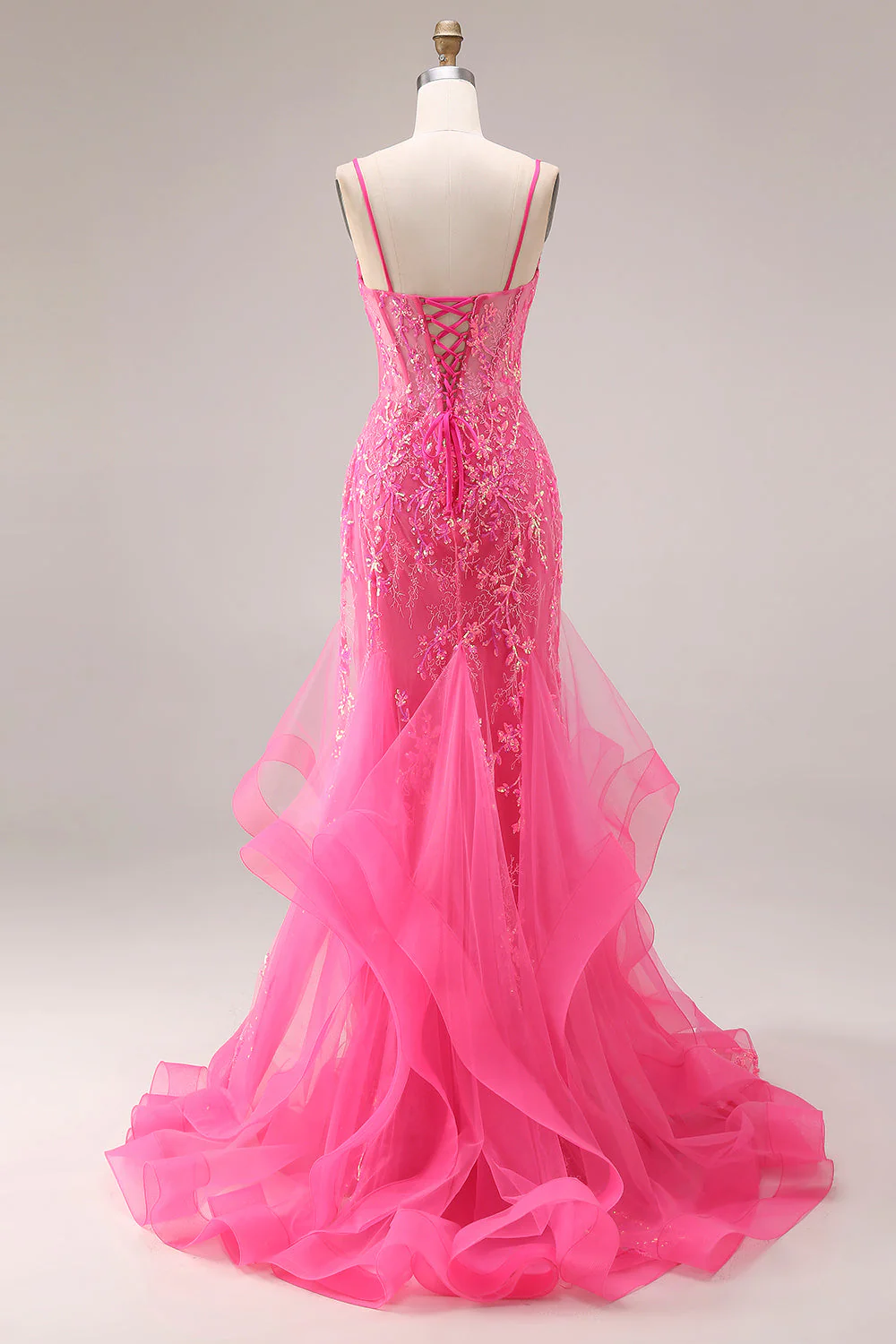 Fuchsia Mermaid Corset Spaghetti Straps Long Prom Dress with Sequins - Image 2