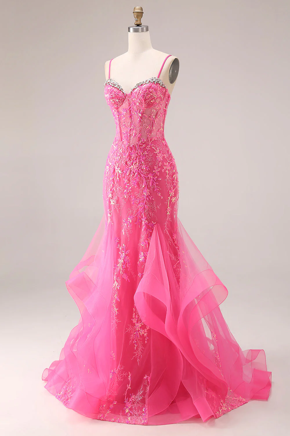 Fuchsia Mermaid Corset Spaghetti Straps Long Prom Dress with Sequins - Image 3
