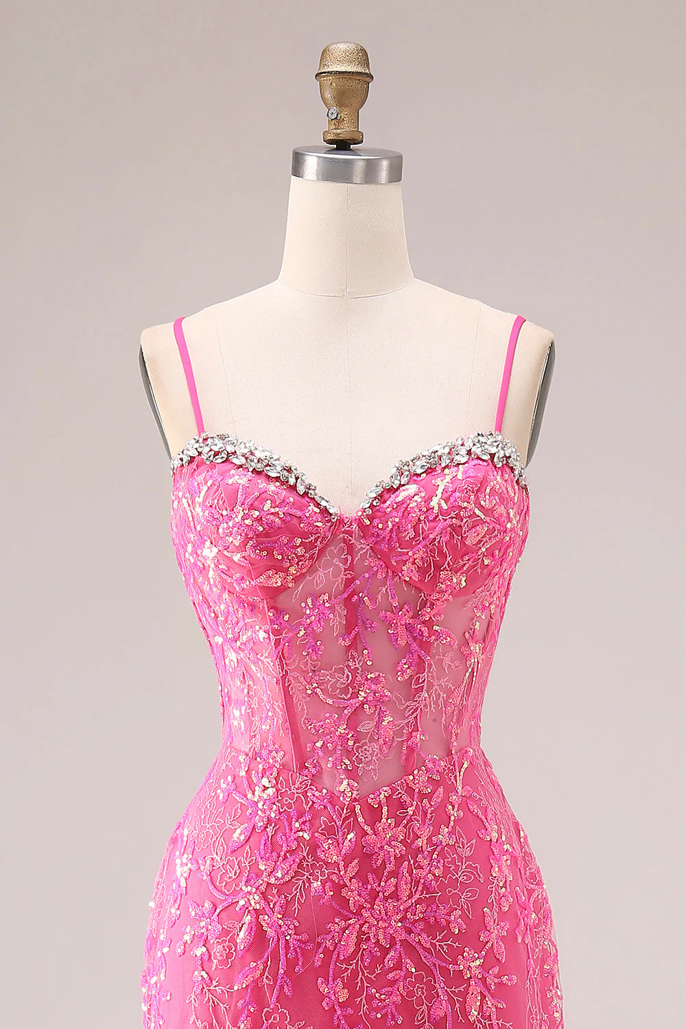 Fuchsia Mermaid Corset Spaghetti Straps Long Prom Dress with Sequins - Image 4