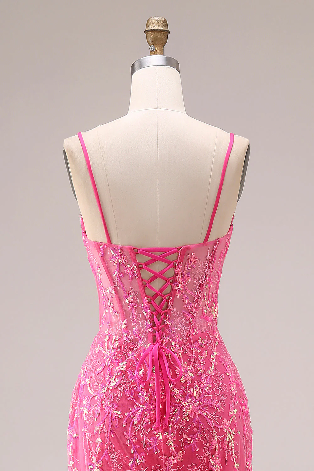 Fuchsia Mermaid Corset Spaghetti Straps Long Prom Dress with Sequins - Image 5
