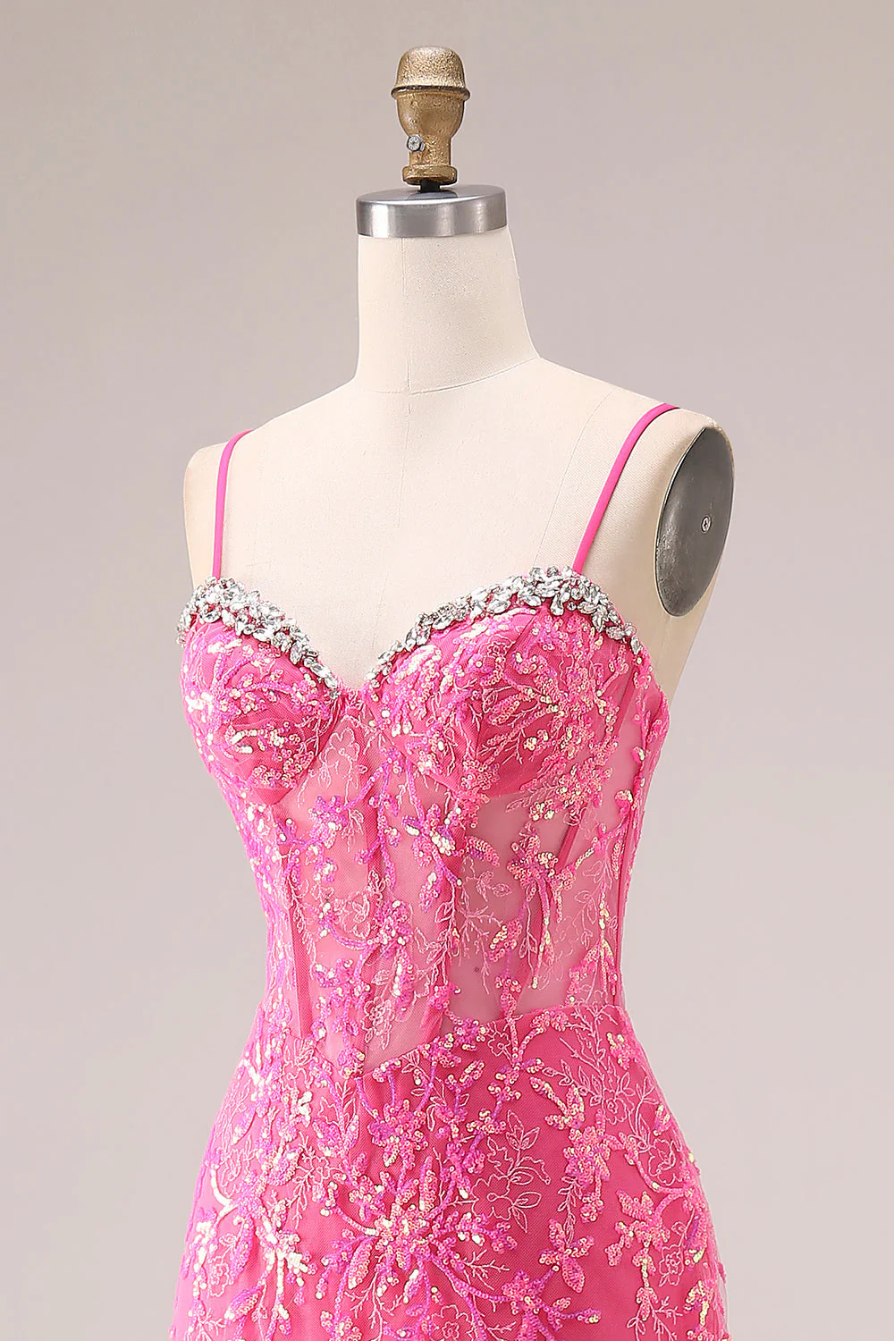 Fuchsia Mermaid Corset Spaghetti Straps Long Prom Dress with Sequins - Image 6