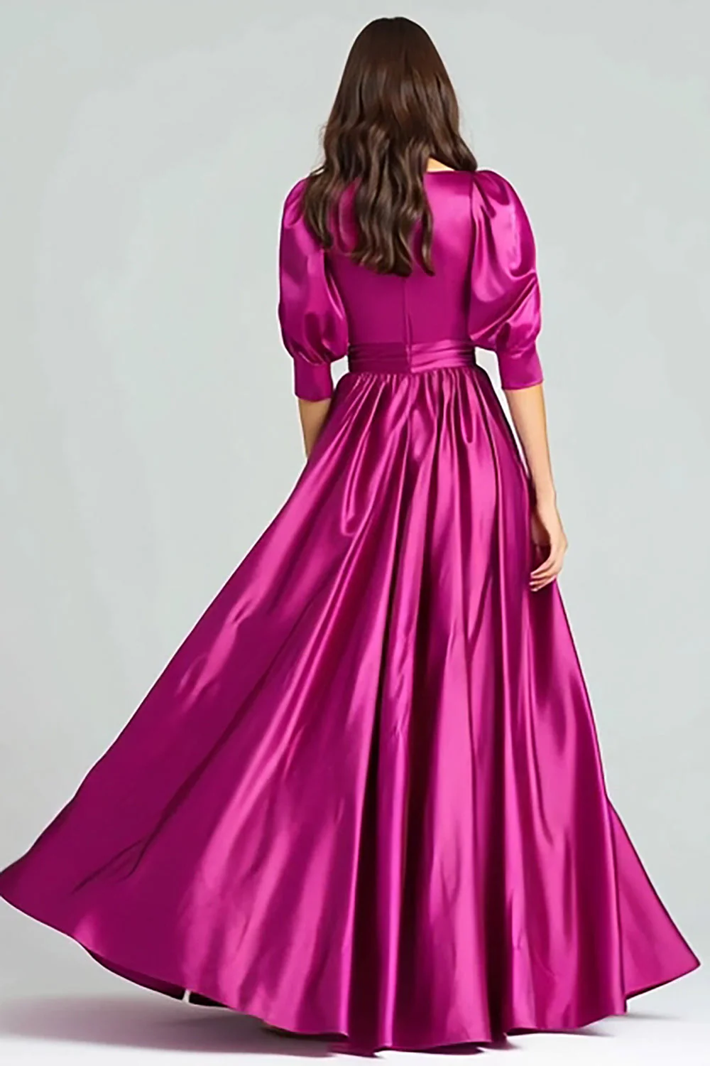 Fuchsia Satin Half Sleeves A Line Long Formal Dress - Image 2