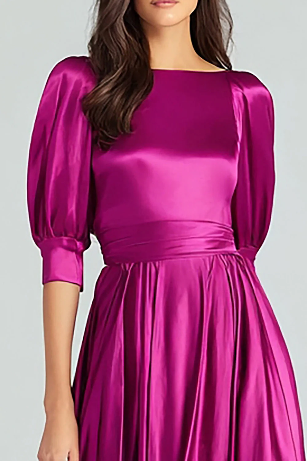 Fuchsia Satin Half Sleeves A Line Long Formal Dress - Image 3