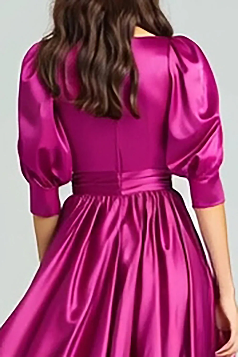 Fuchsia Satin Half Sleeves A Line Long Formal Dress - Image 4