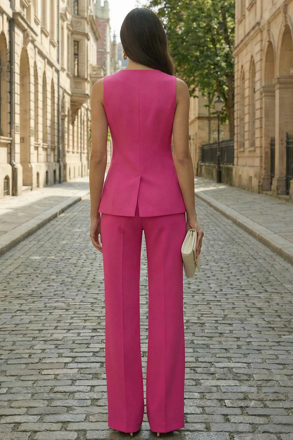 Fuchsia Single Breasted 2 Piece Sleeveless Women's Work Suits - Image 2