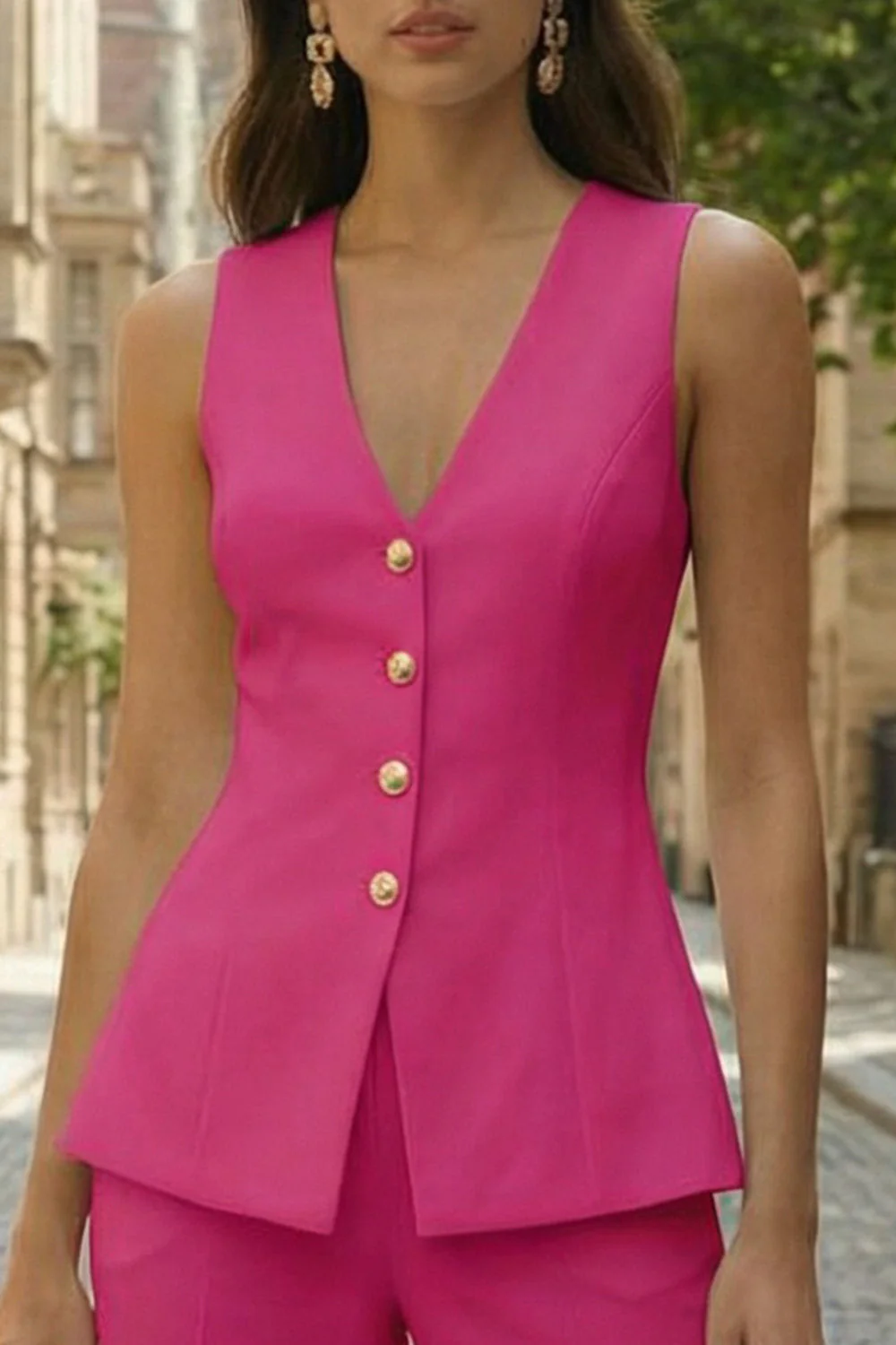 Fuchsia Single Breasted 2 Piece Sleeveless Women's Work Suits - Image 3