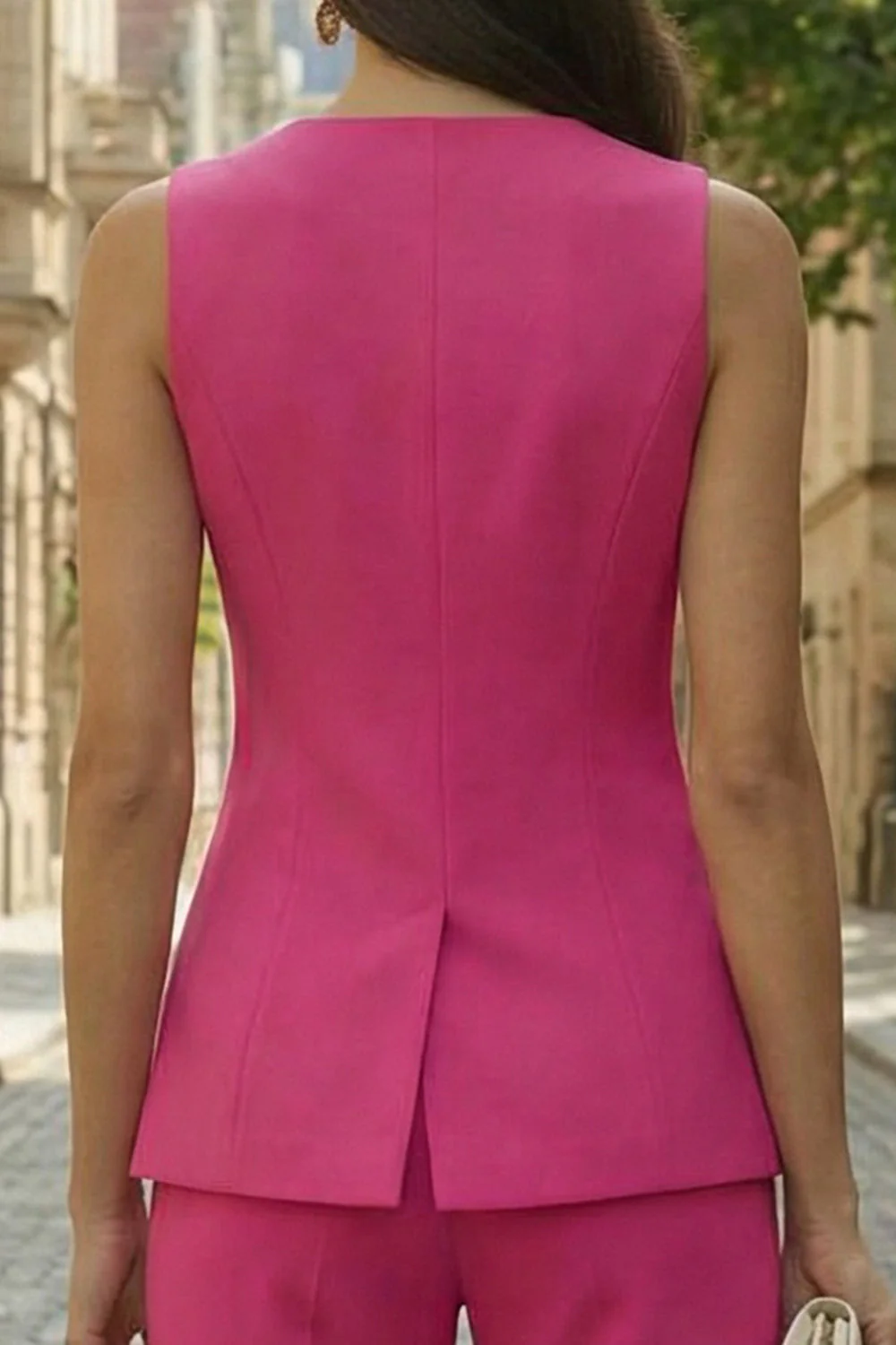 Fuchsia Single Breasted 2 Piece Sleeveless Women's Work Suits - Image 4