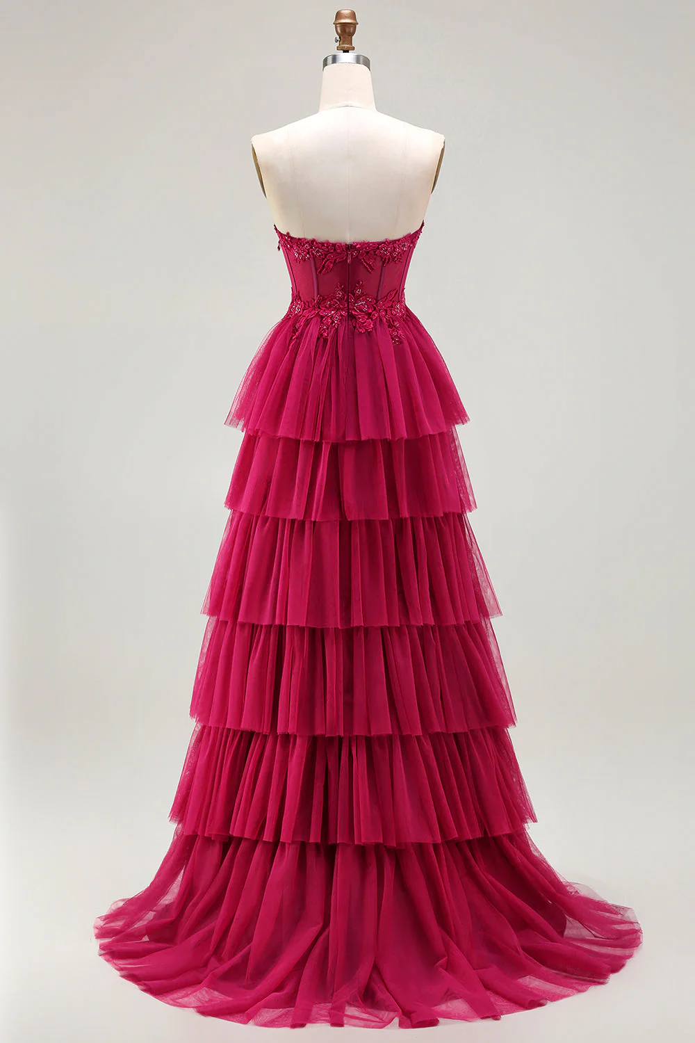 Fuchsia Strapless A Line Appliqued Corset Tiered Ruffle Long Prom Dress with Slit - Image 2