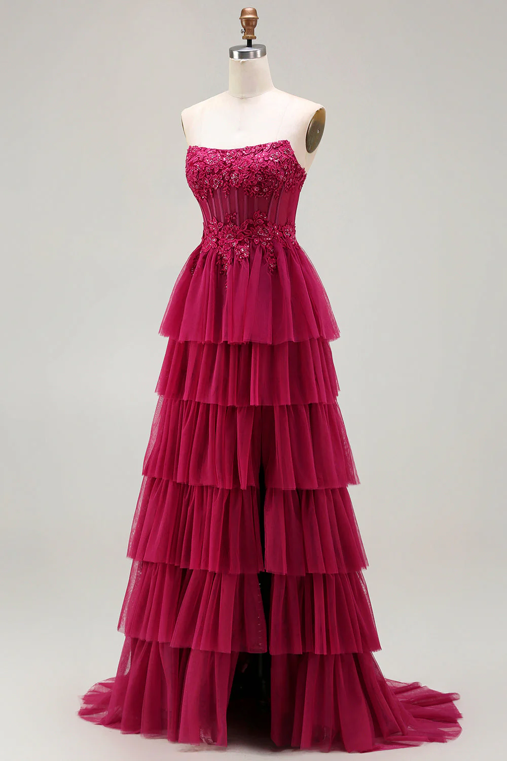 Fuchsia Strapless A Line Appliqued Corset Tiered Ruffle Long Prom Dress with Slit - Image 3