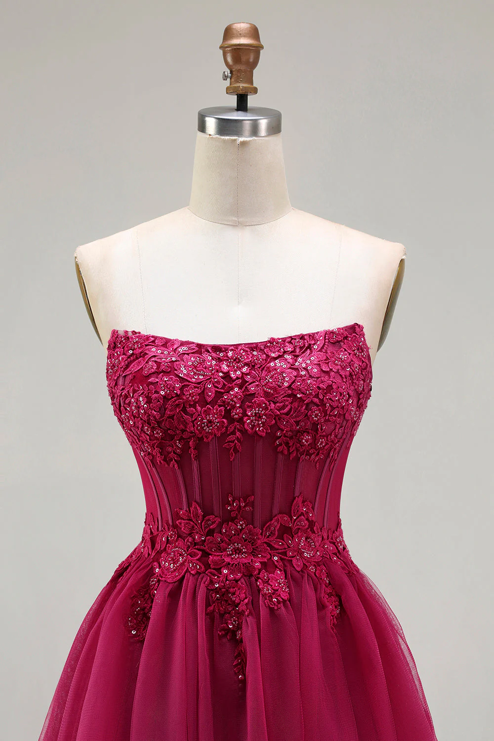 Fuchsia Strapless A Line Appliqued Corset Tiered Ruffle Long Prom Dress with Slit - Image 4