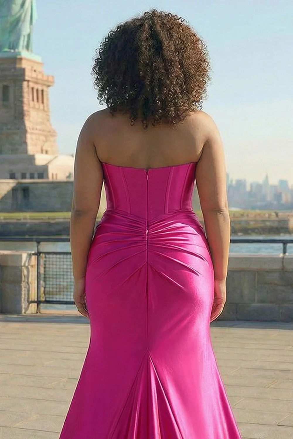 Fuchsia Strapless Satin Mermaid Corset Long PLus Size Prom Dress with Slit - Image 4