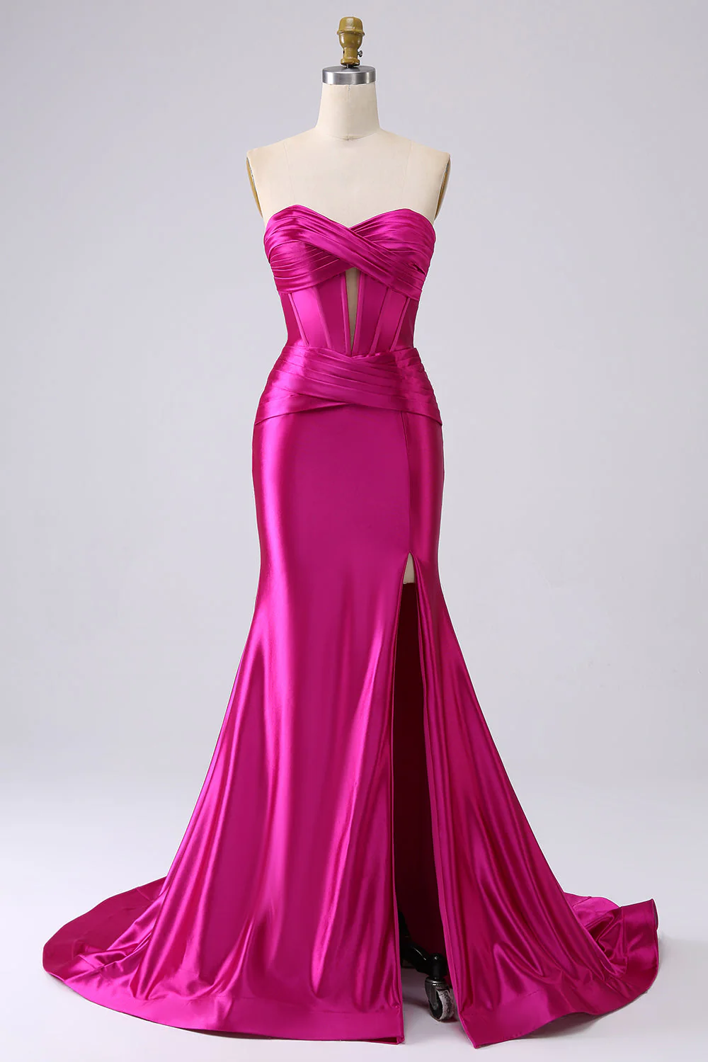 Fuchsia Strapless Satin Mermaid Corset Long PLus Size Prom Dress with Slit - Image 5