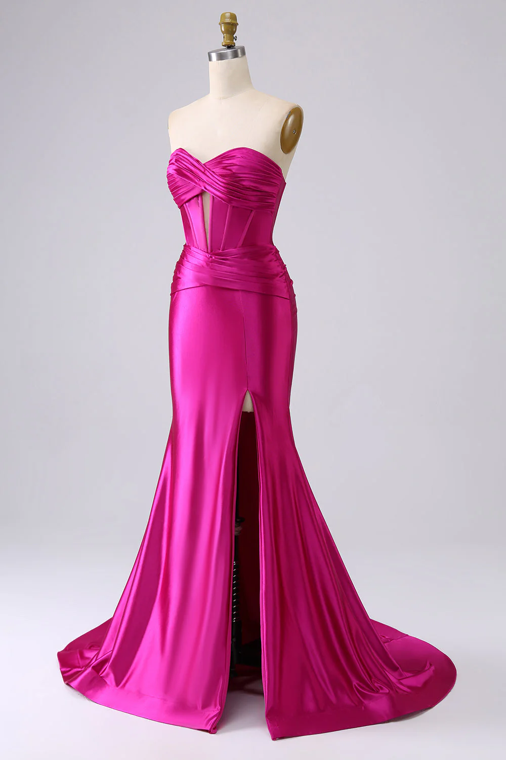 Fuchsia Strapless Satin Mermaid Corset Long PLus Size Prom Dress with Slit - Image 7