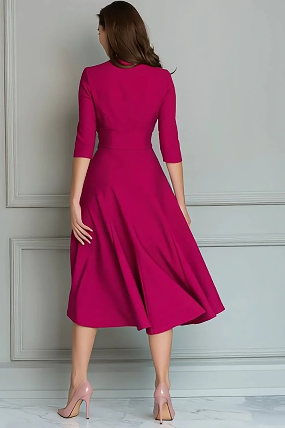 Fuchsia V Neck A Line Satin Midi Work Dress - Image 2