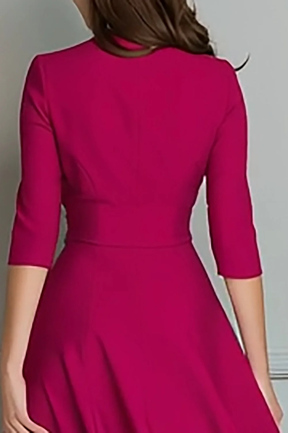 Fuchsia V Neck A Line Satin Midi Work Dress - Image 4