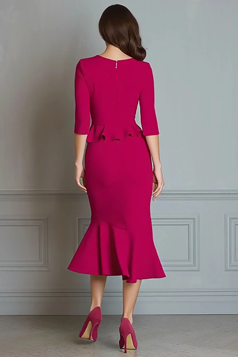 Fuchsia V Neck Mermaid Midi Work Dress with Sleeves - Image 2