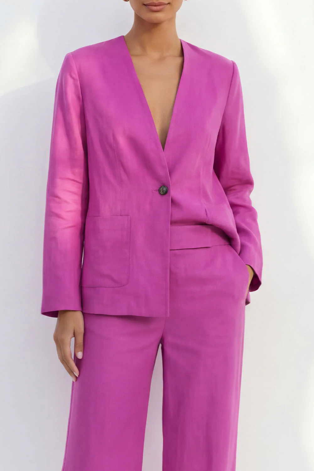 Fuchsia V-Neck One Button Long Sleeves Women Suit - Image 3