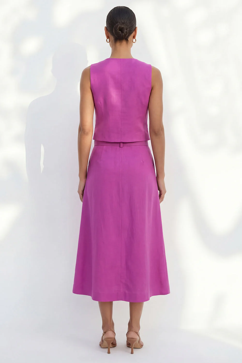 Fuchsia V-Neck Single Breasted Slim Fit Midi Work Dress with Belt - Image 2