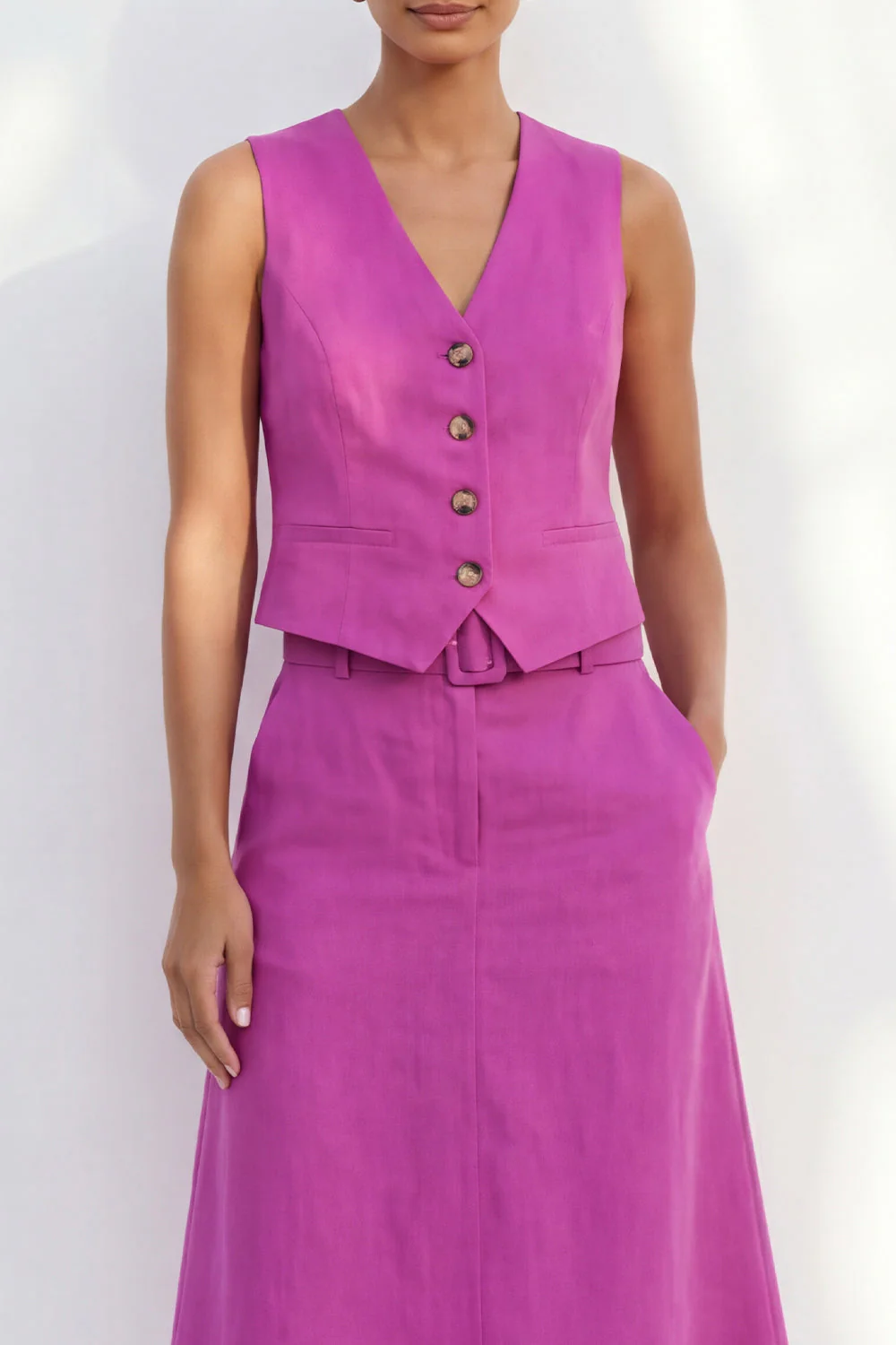Fuchsia V-Neck Single Breasted Slim Fit Midi Work Dress with Belt - Image 3