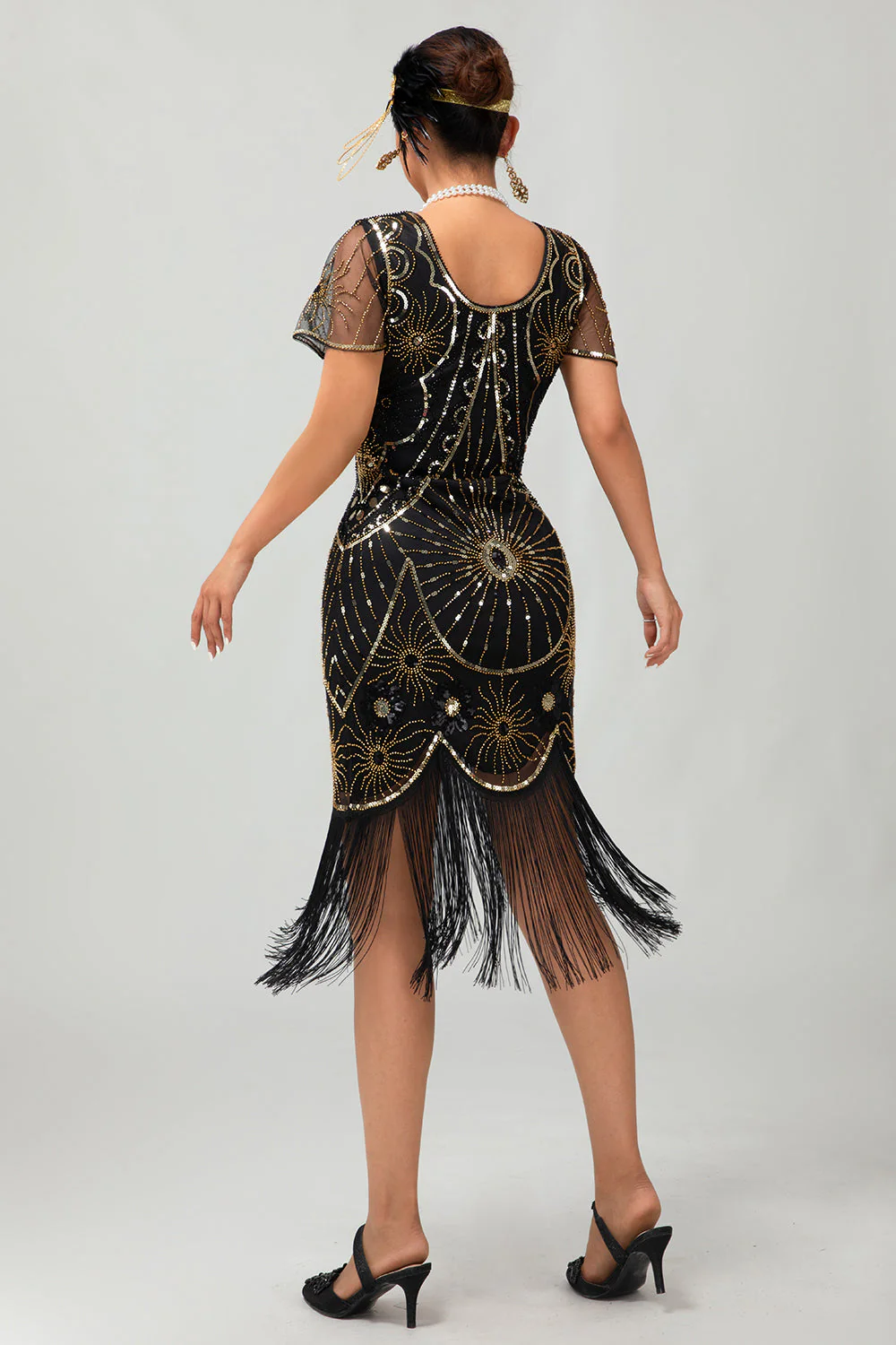 Gatsby Black Red Scoop Fringed Bodycon1920s Dress with Sequins - Image 10