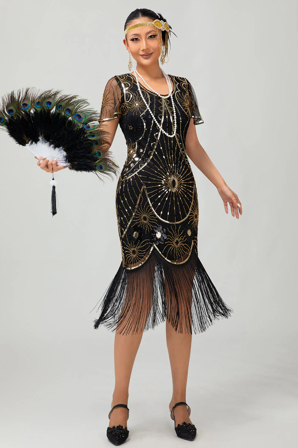 Gatsby Black Red Scoop Fringed Bodycon1920s Dress with Sequins - Image 11