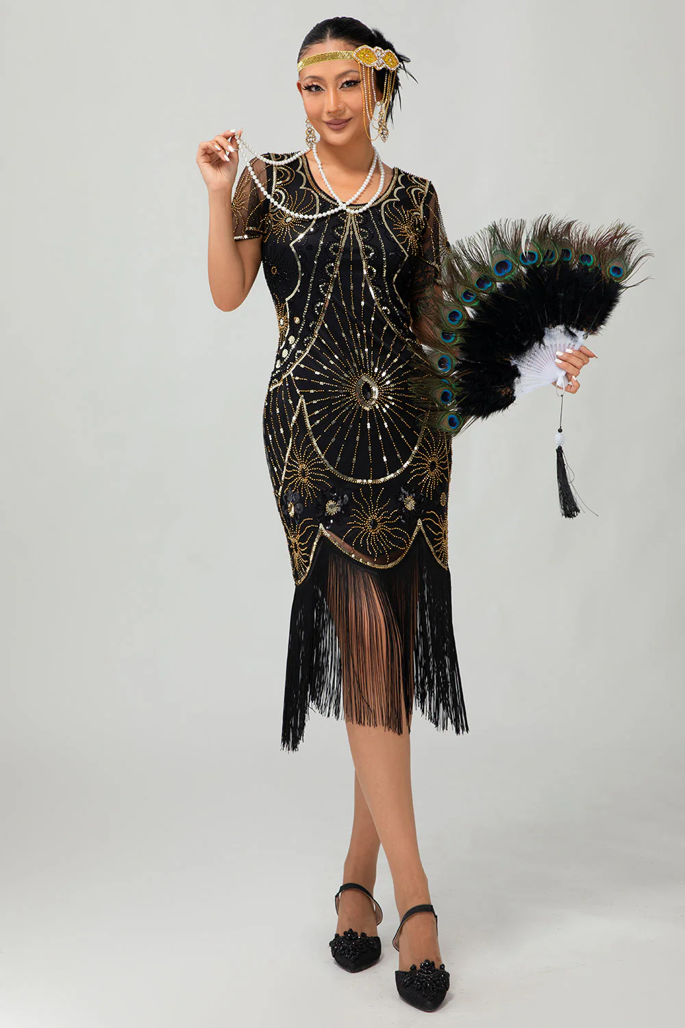 Gatsby Black Red Scoop Fringed Bodycon1920s Dress with Sequins - Image 13