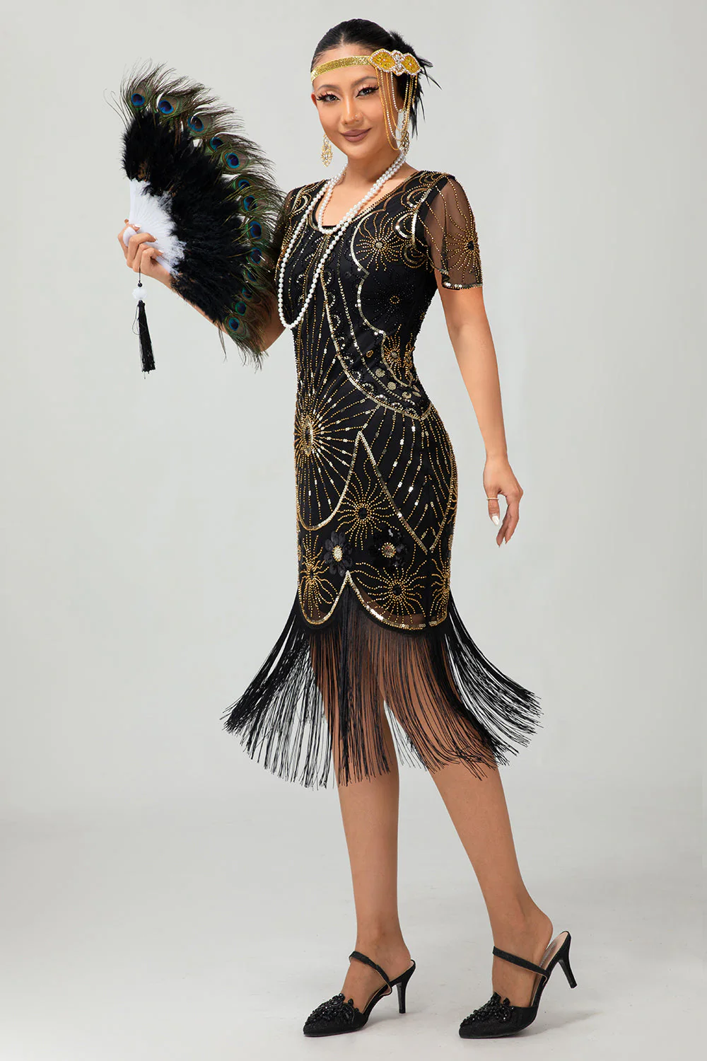 Gatsby Black Red Scoop Fringed Bodycon1920s Dress with Sequins - Image 14