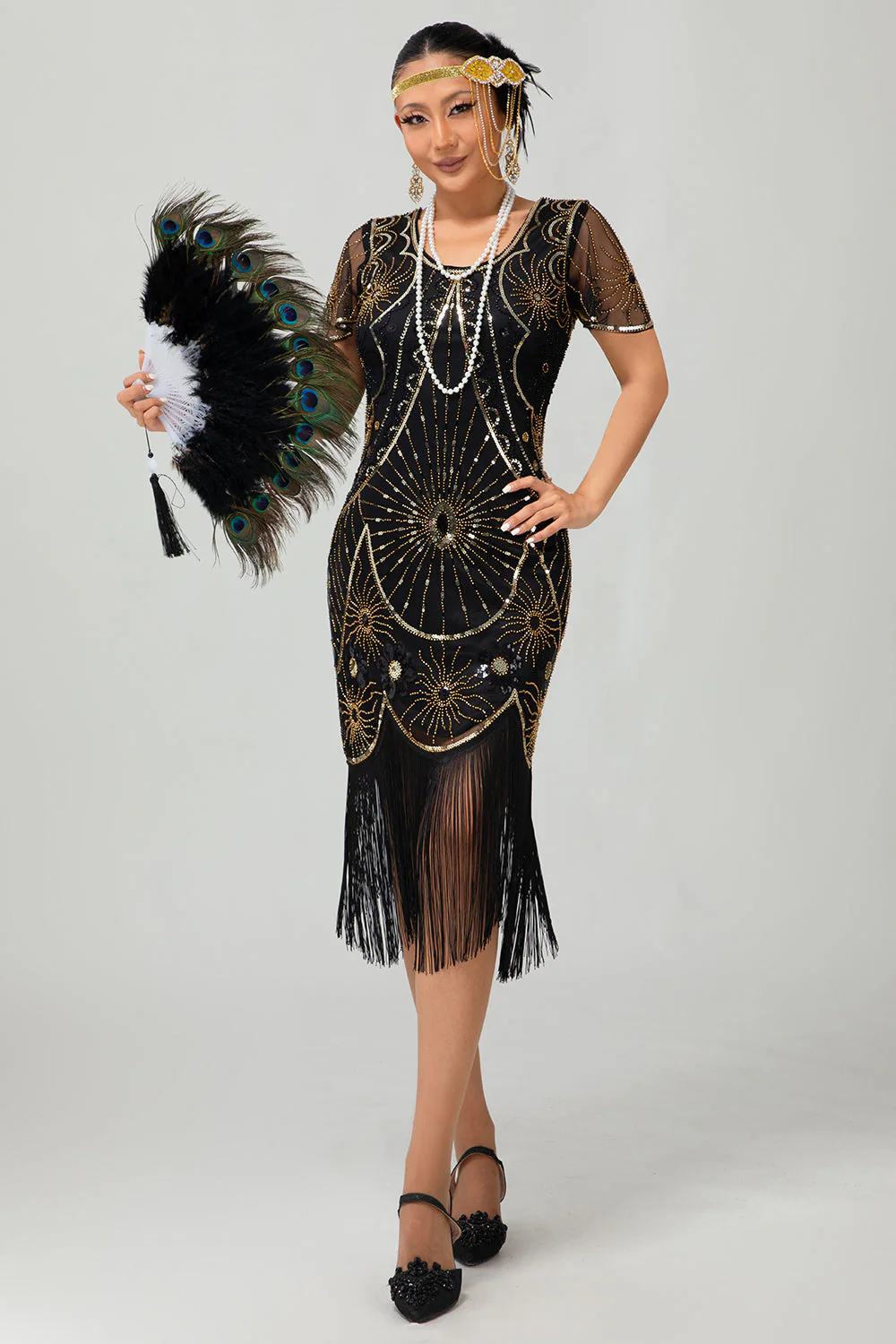 Gatsby Black Red Scoop Fringed Bodycon1920s Dress with Sequins - Image 15