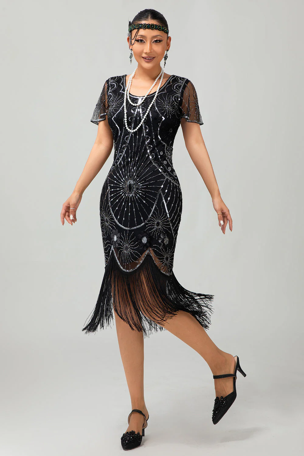 Gatsby Black Red Scoop Fringed Bodycon1920s Dress with Sequins - Image 16