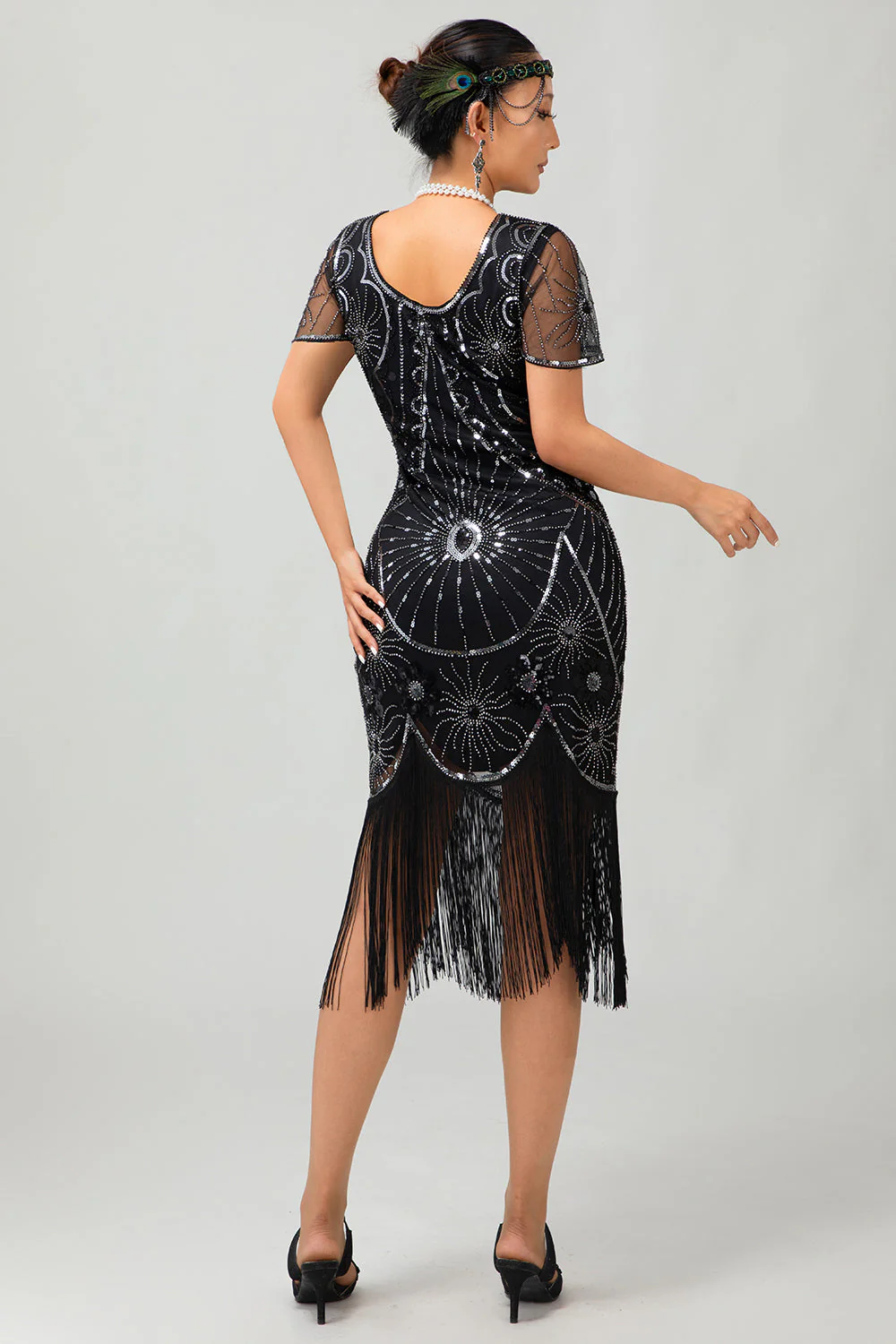 Gatsby Black Red Scoop Fringed Bodycon1920s Dress with Sequins - Image 17