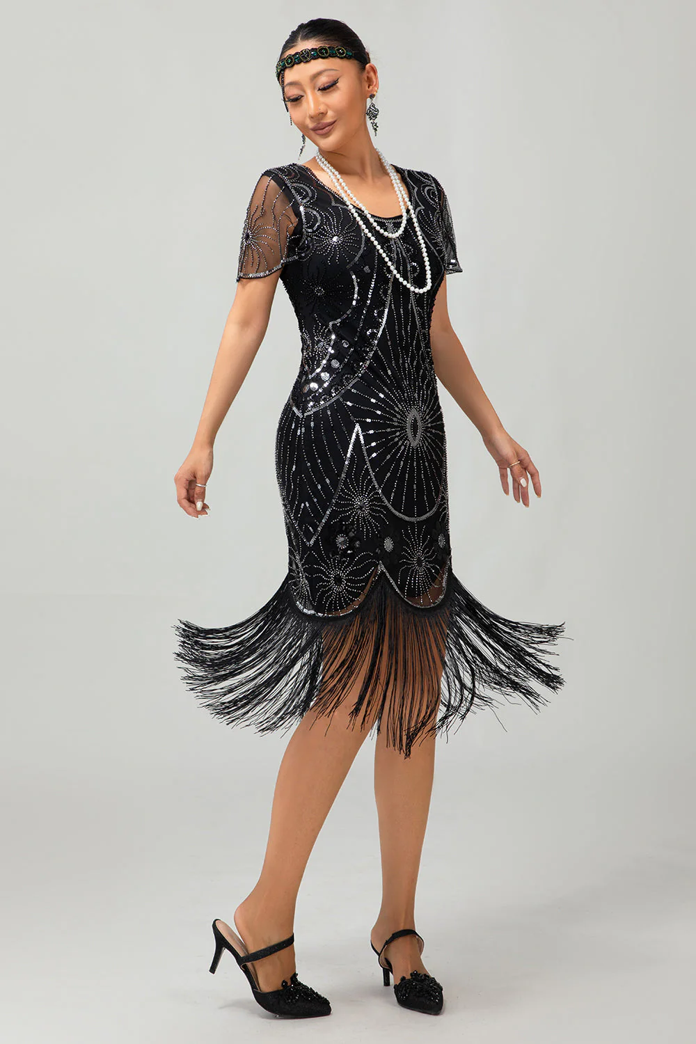 Gatsby Black Red Scoop Fringed Bodycon1920s Dress with Sequins - Image 18