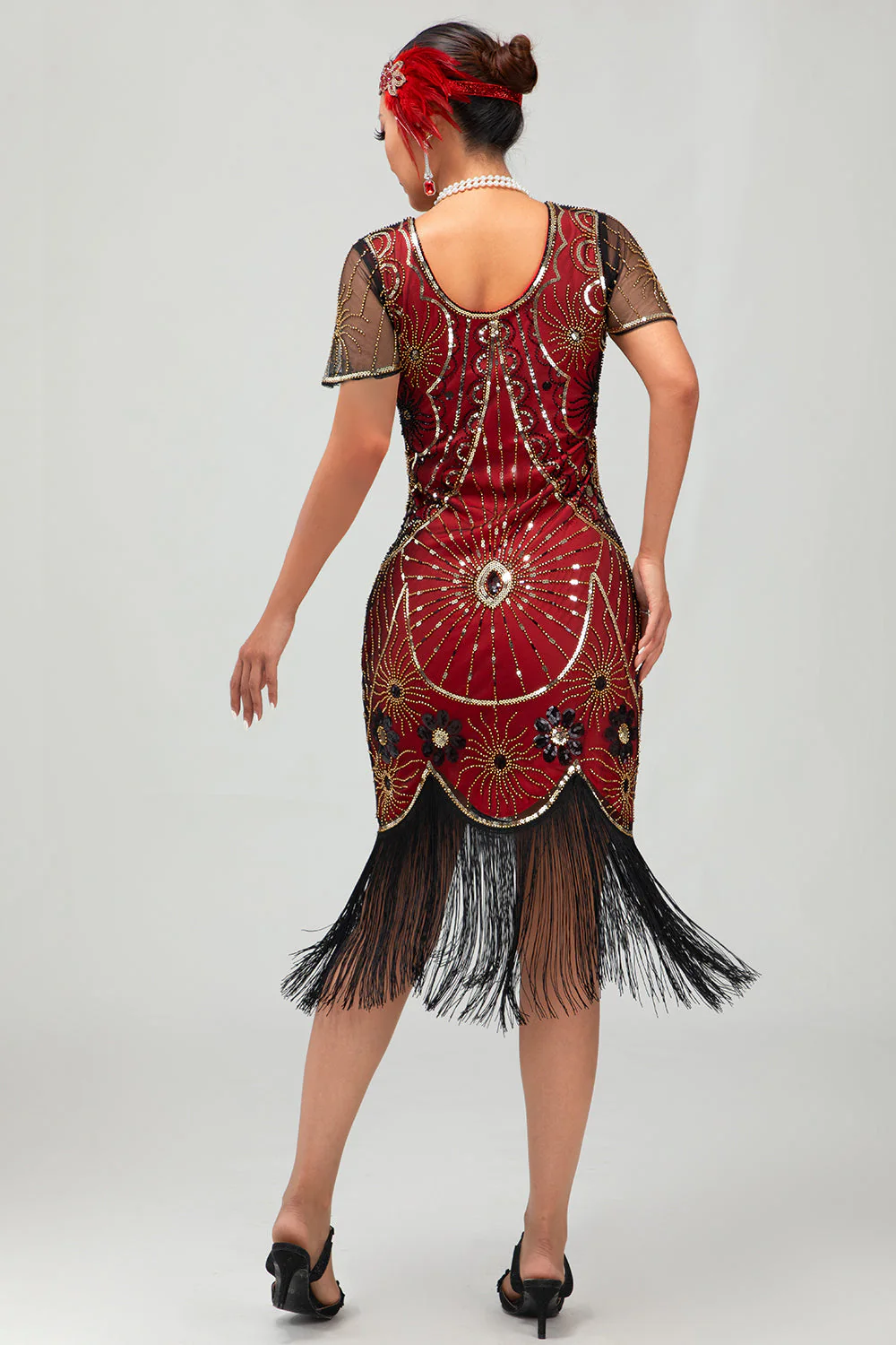 Gatsby Black Red Scoop Fringed Bodycon1920s Dress with Sequins - Image 2
