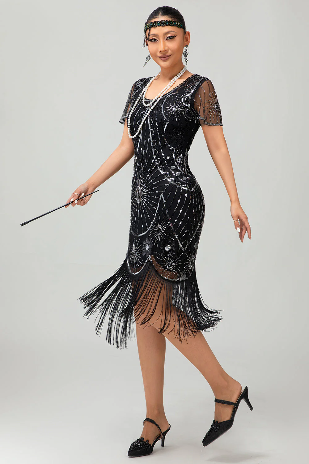 Gatsby Black Red Scoop Fringed Bodycon1920s Dress with Sequins - Image 20