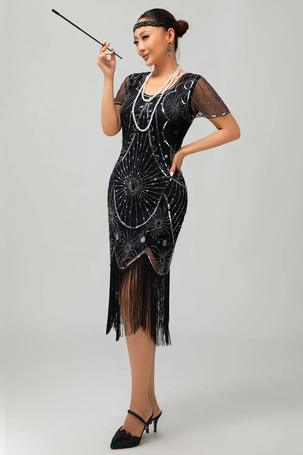 Gatsby Black Red Scoop Fringed Bodycon1920s Dress with Sequins - Image 22