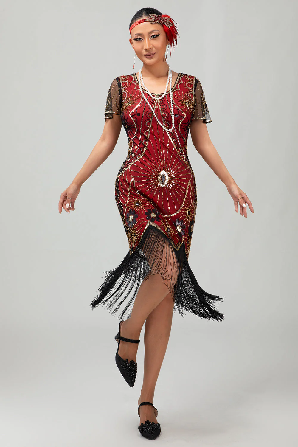 Gatsby Black Red Scoop Fringed Bodycon1920s Dress with Sequins - Image 3