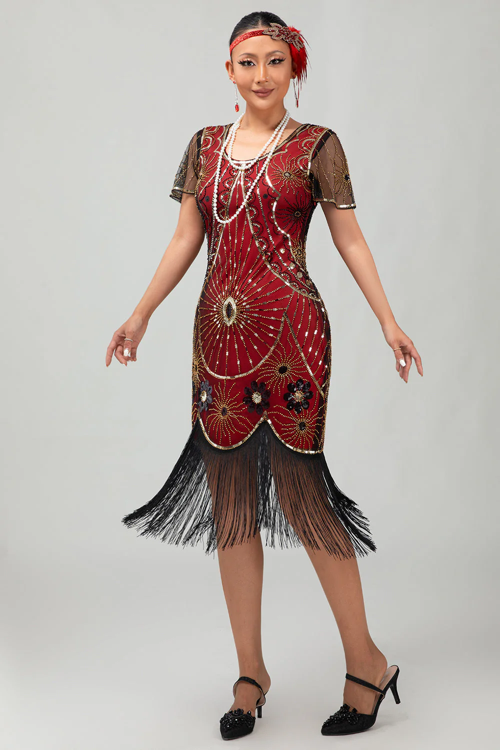 Gatsby Black Red Scoop Fringed Bodycon1920s Dress with Sequins - Image 5