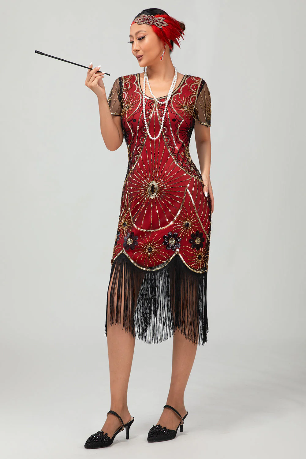 Gatsby Black Red Scoop Fringed Bodycon1920s Dress with Sequins - Image 6