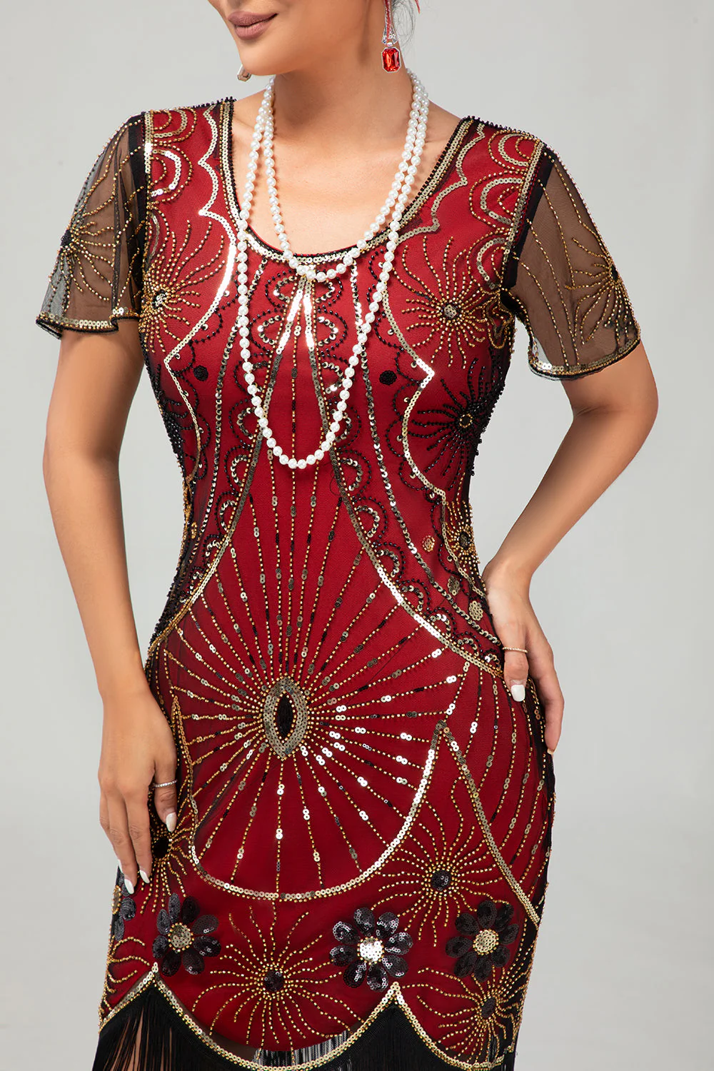Gatsby Black Red Scoop Fringed Bodycon1920s Dress with Sequins - Image 7