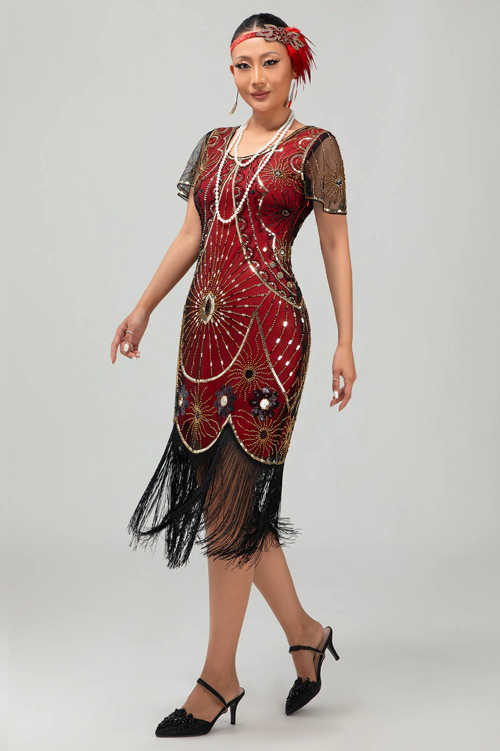Gatsby Black Red Scoop Fringed Bodycon1920s Dress with Sequins - Image 8